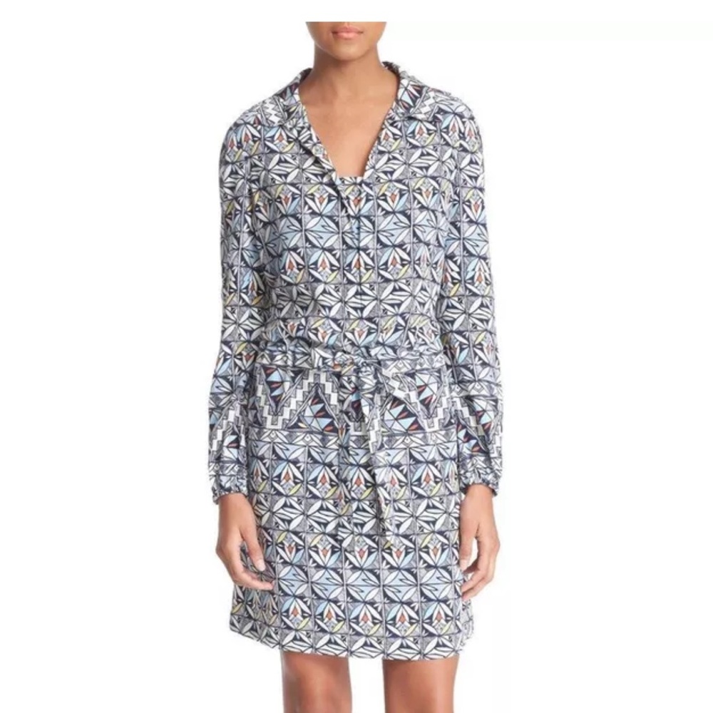 TORY BURCH Drawstring Tile Print Silk Shirtdress Riviera Blue